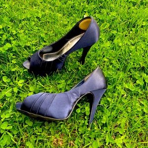 Navy, satin platform heels